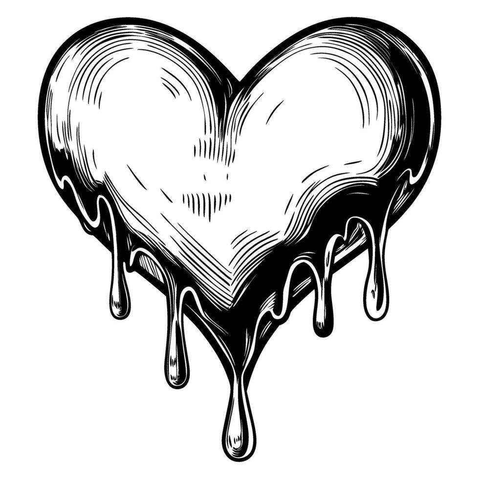 Melting heart design in black and white dripping liquid effect, emotional expression, abstract romantic graphic illustration vector