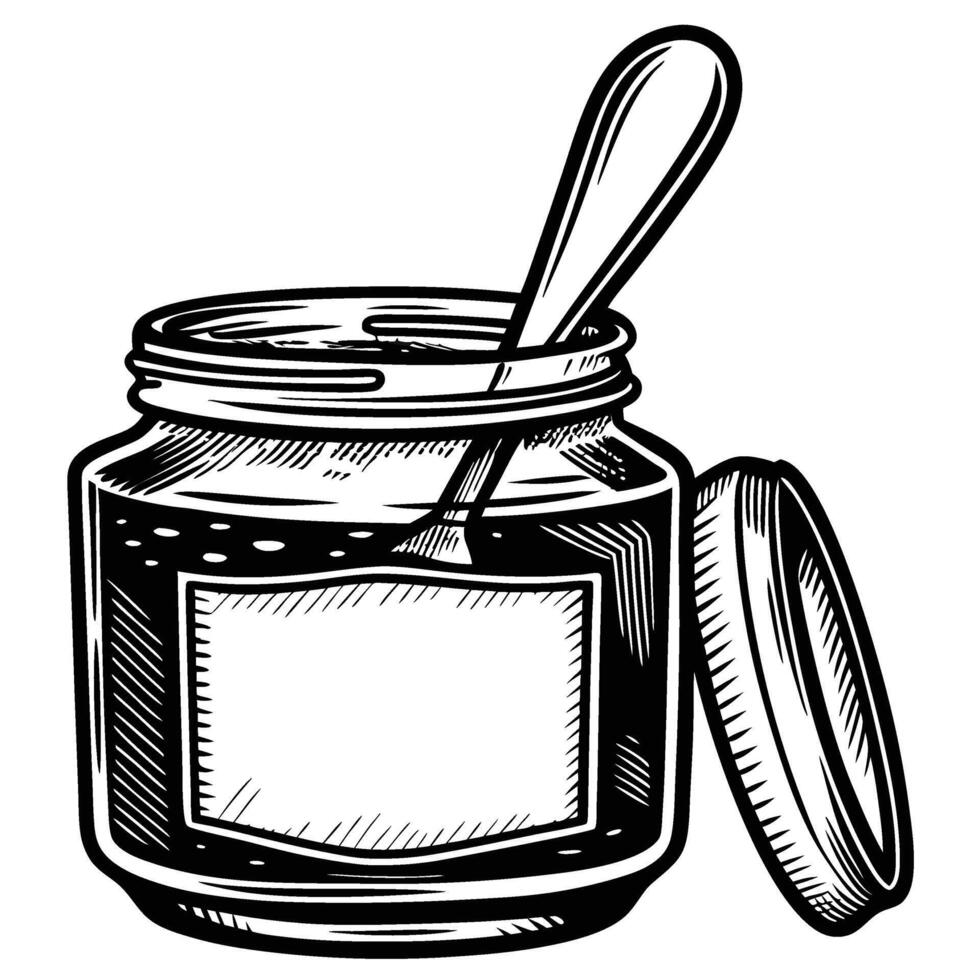 Glass jar with spoon and open lid, hand drawn sketch illustration preserves, jam, spreads container, blank label, kitchenware vector