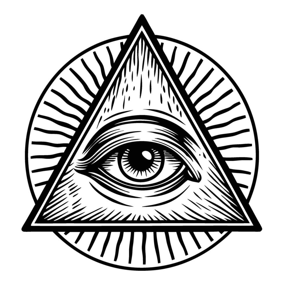 All seeing eye in triangle with rays mystical symbol of awareness, knowledge and enlightenment, esoteric spiritual design vector