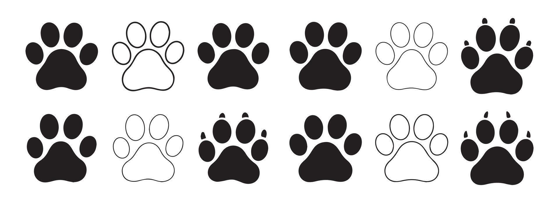 Collection of Cat Paw Prints in Solid and Outline Styles for Pet Lovers and Craft Projects vector