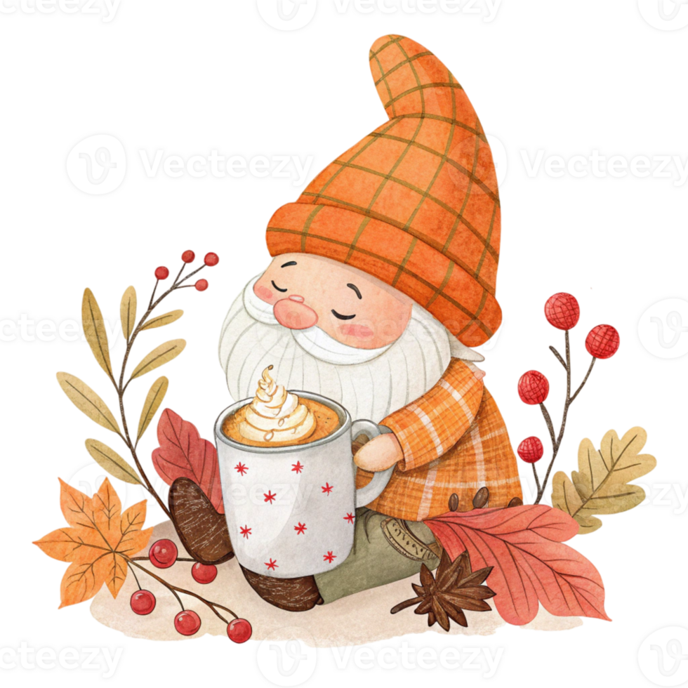 Autumn gnome drinking coffee png