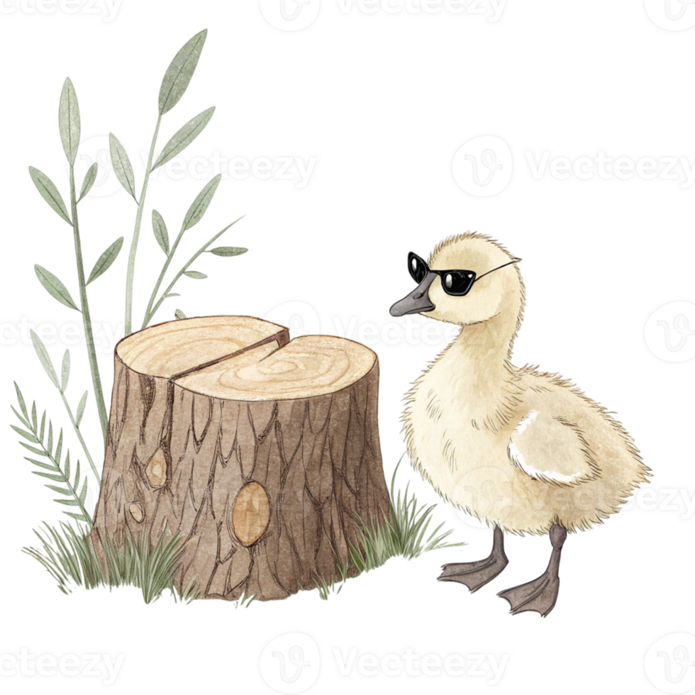 A duck with sunglasses standing next to a tree stump png