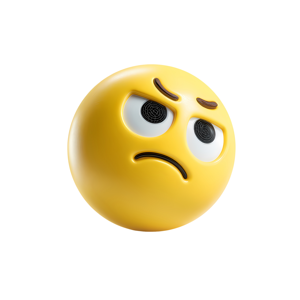 Grumpy Yellow Emoji with Raised Eyebrow on Transparent Background rendering png