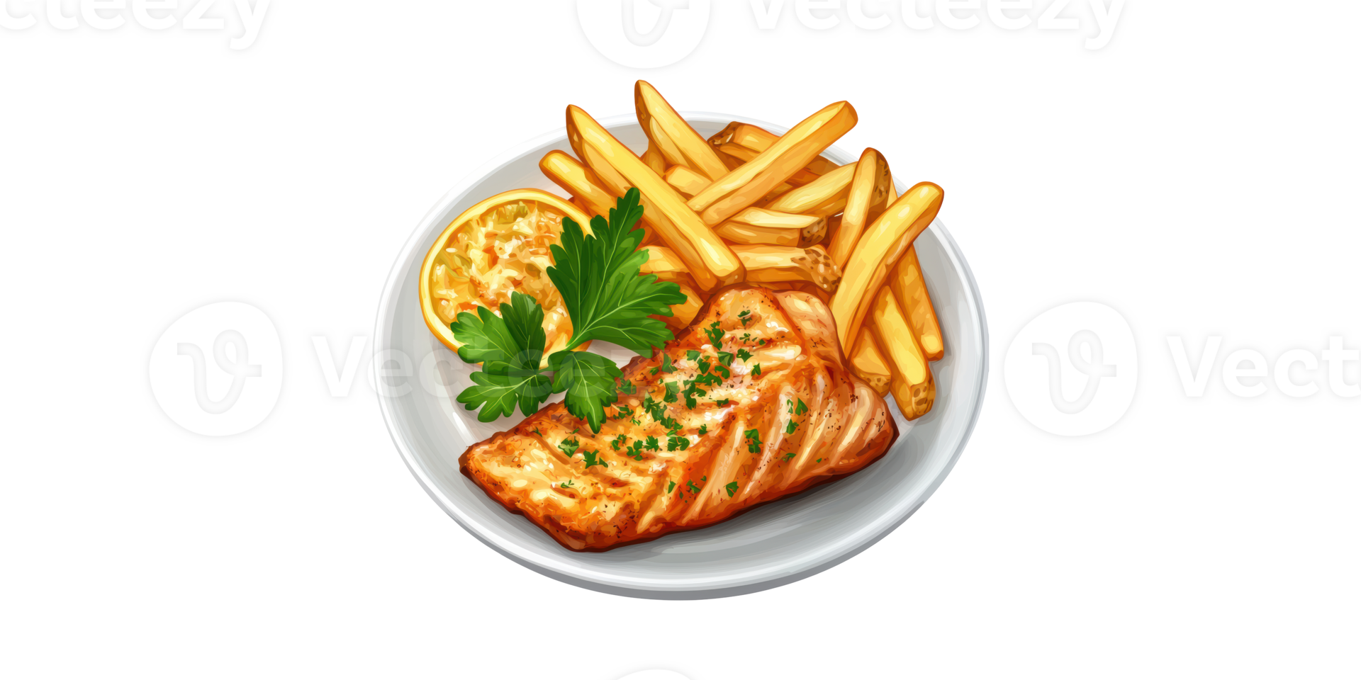 Grilled Salmon With French Fries And Lemon Garnish Plate. Delicious Seafood Meal Illustration Isolated On Transparent Background png