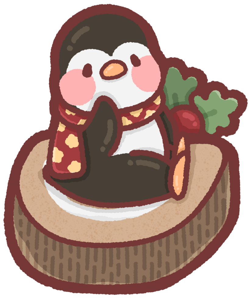 Penguin on a yule log cake slice png