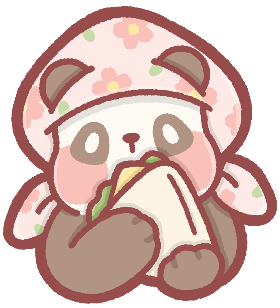 Panda wearing a floral headscarf and holding a sandwich png