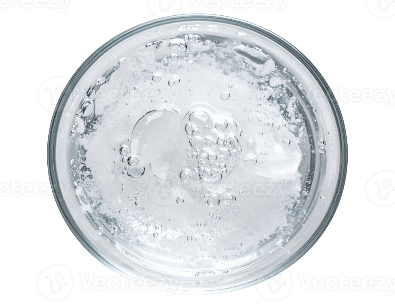 Clear face gel with air bubbles in round glass container, top view on isolated background png