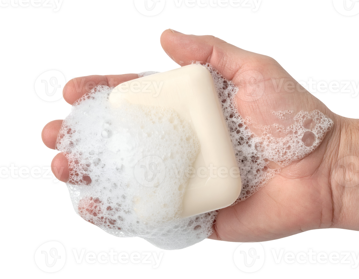 Hand holding bar of white soap with dense foam and bubbles for personal hygiene on isolated background png