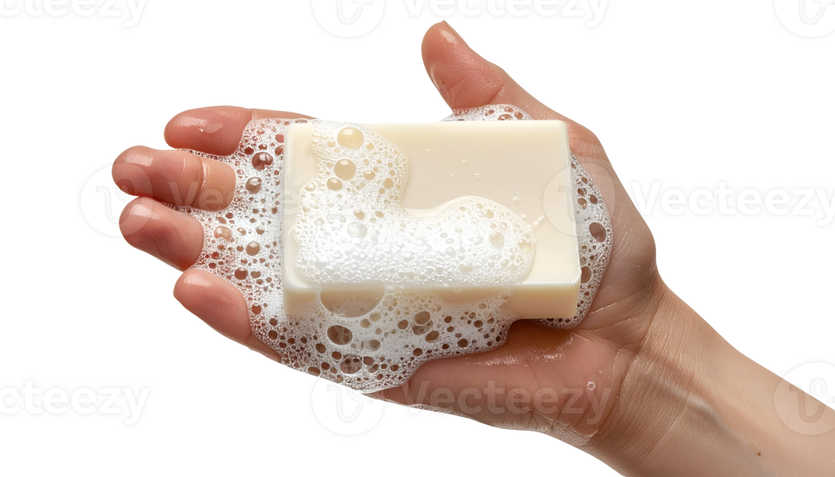 Bar of creamy white soap with thick foam and bubbles held in hand on isolated background png