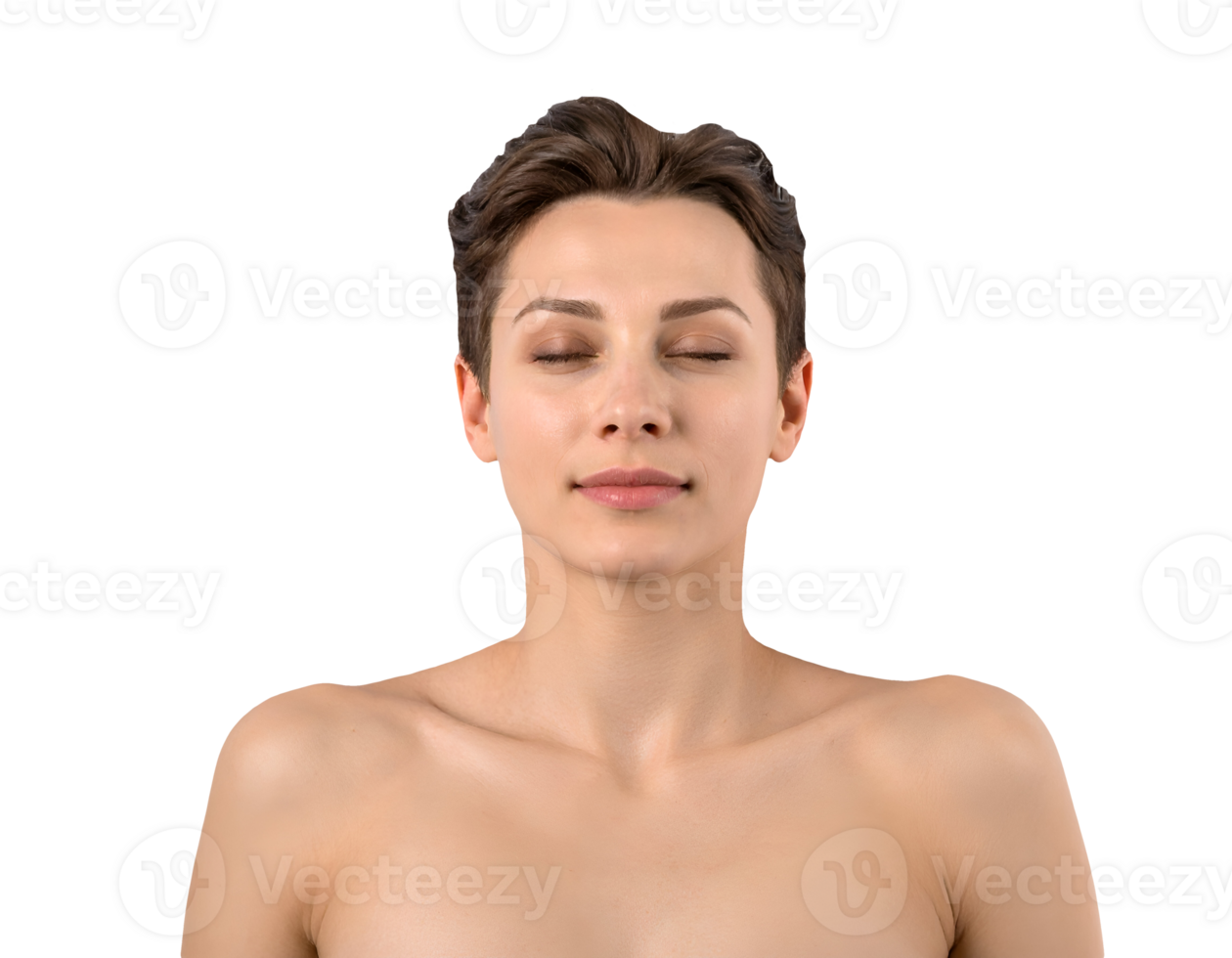Peaceful woman with short hair and closed eyes in a relaxation and calm expression on isolated white background png