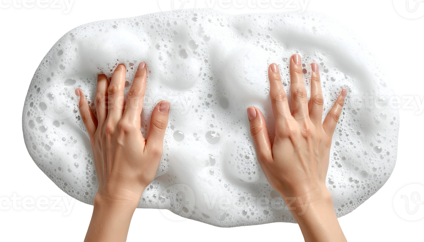 Hands placed on soft bubbles and white foam surface during cleansing on isolated white background png