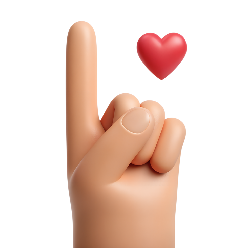 3D Render of a Cartoon Hand Gesturing Number One with a Red Heart png