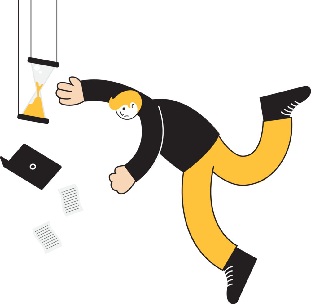 A man is falling from a clock with papers and a phone png