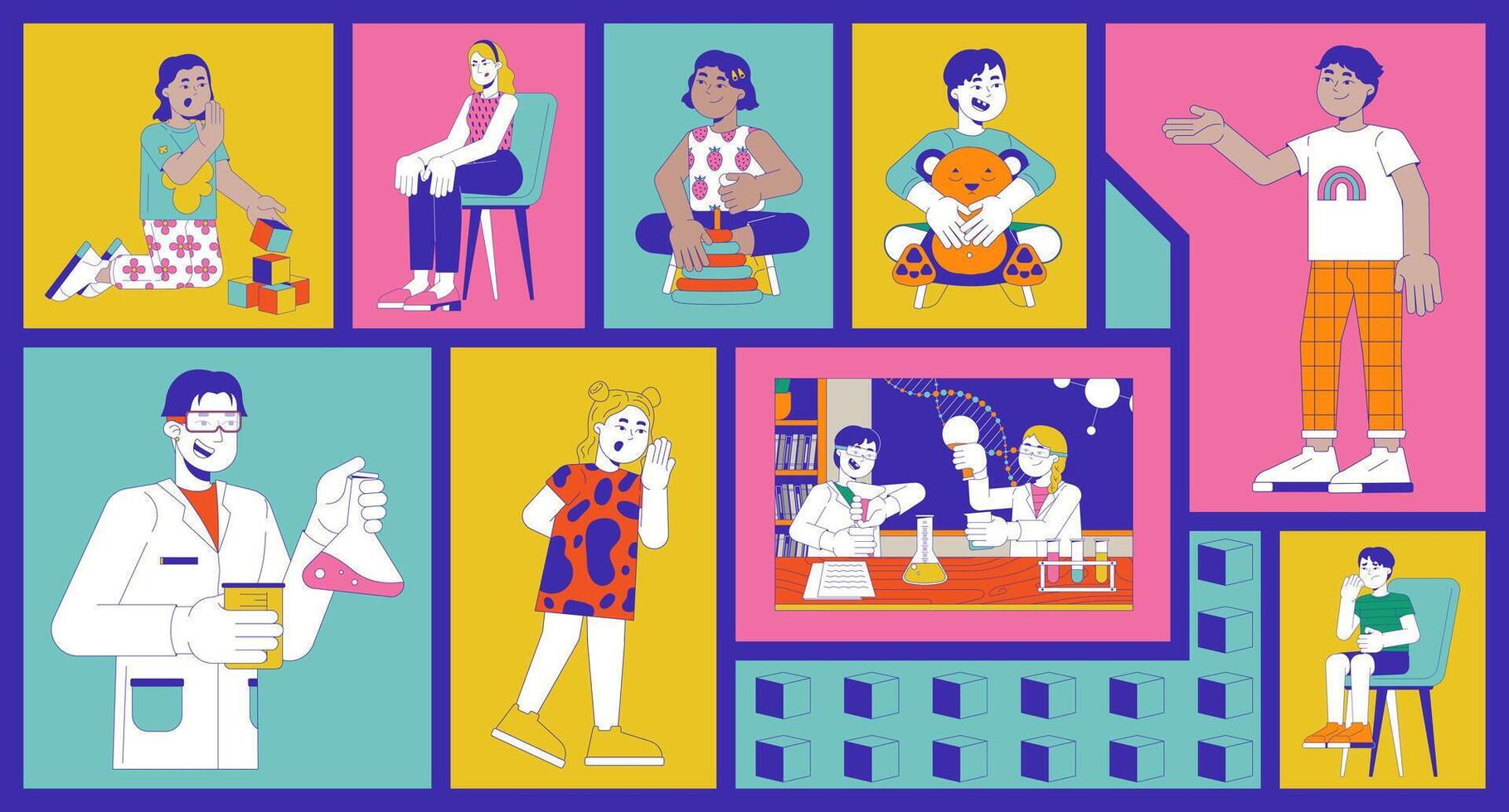 Curious young minds in science and early childhood play bento grid illustration set. Children classroom fun 2D image collage design graphics collection. Diverse flat characters moodboard layout vector