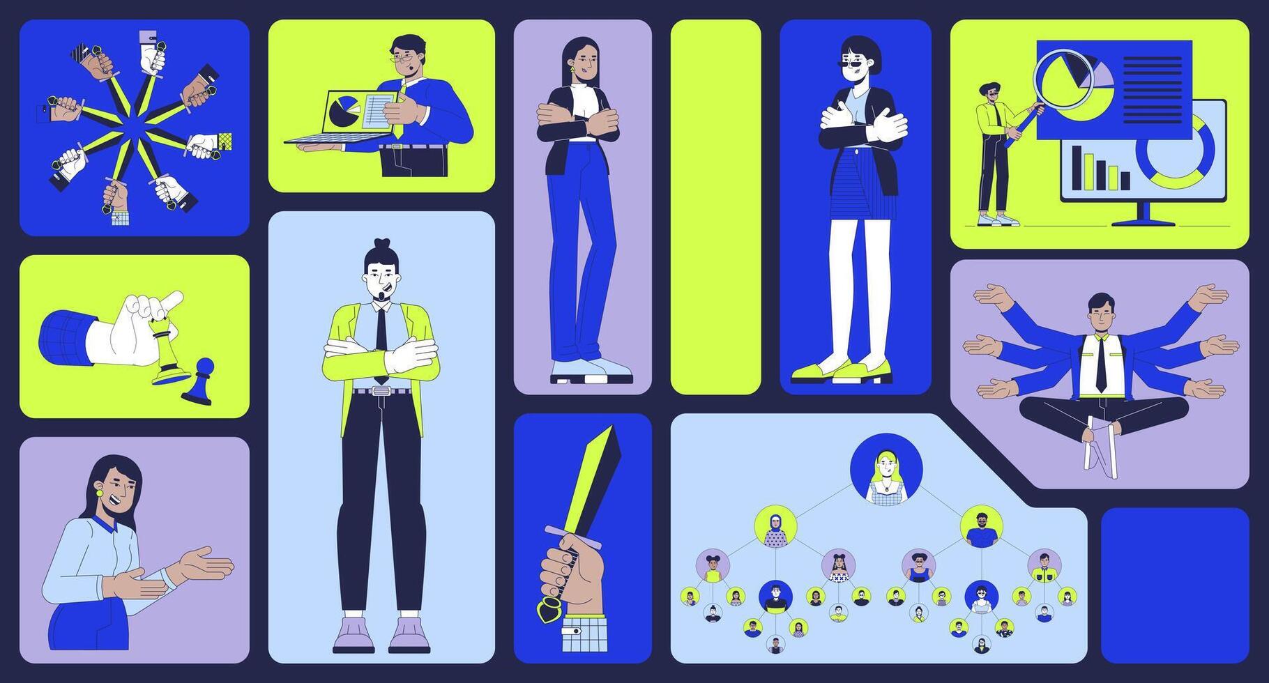 Corporate leadership and data-driven business bento grid illustration set. Market analytics 2D image collage design graphics collection. Diverse professionals flat characters moodboard layout vector