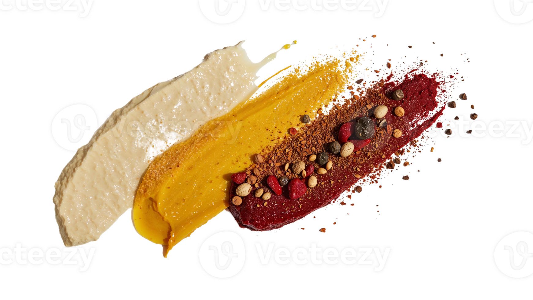 Abstract culinary art featuring vibrant sauces and toppings with transparent aura png