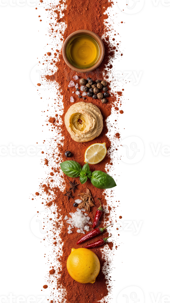 Culinary journey of spices and fresh ingredients creating a vibrant composition on a neutral setting png