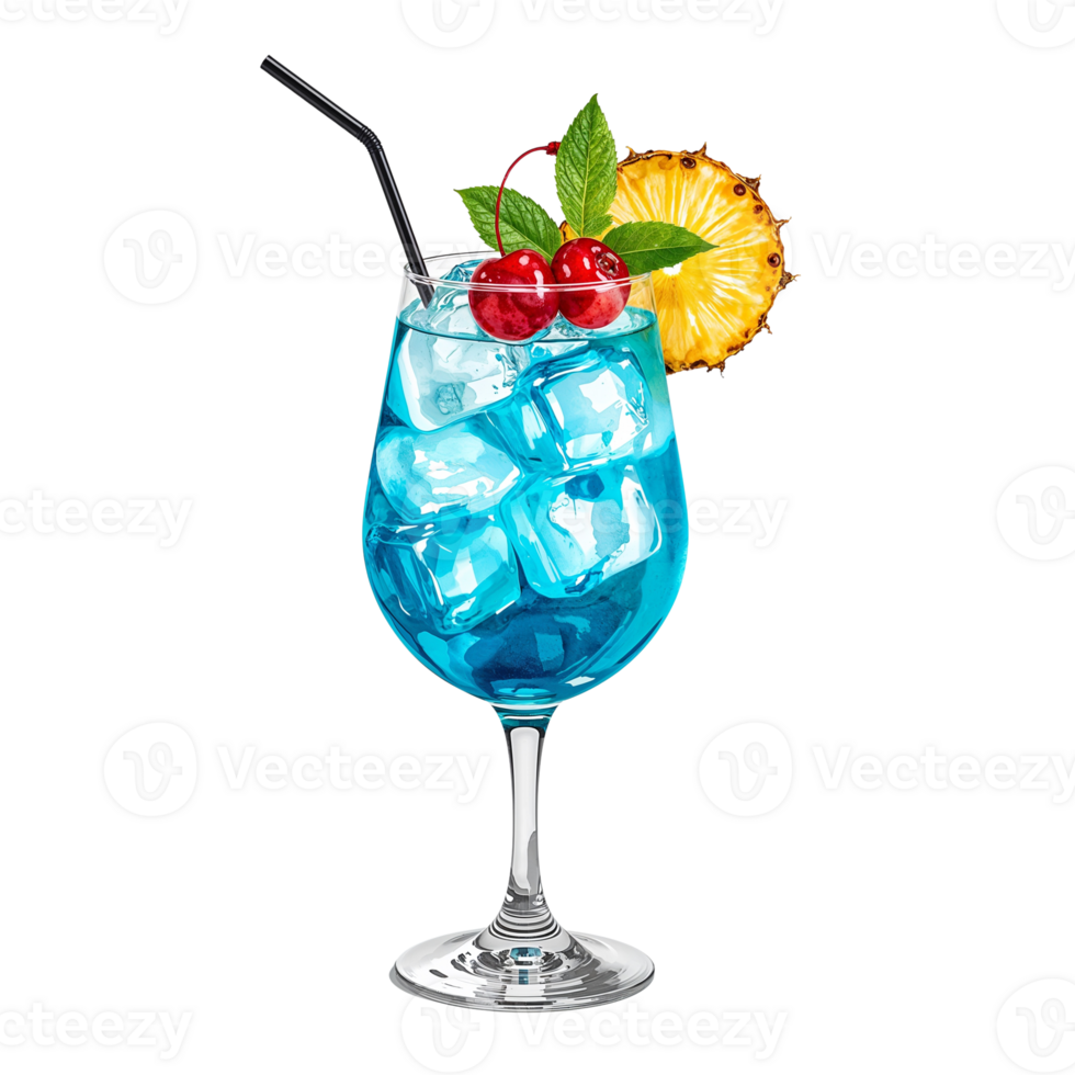 Refreshing blue lagoon cocktail adorned with vibrant cherries and pineapple slice on clear stemware png
