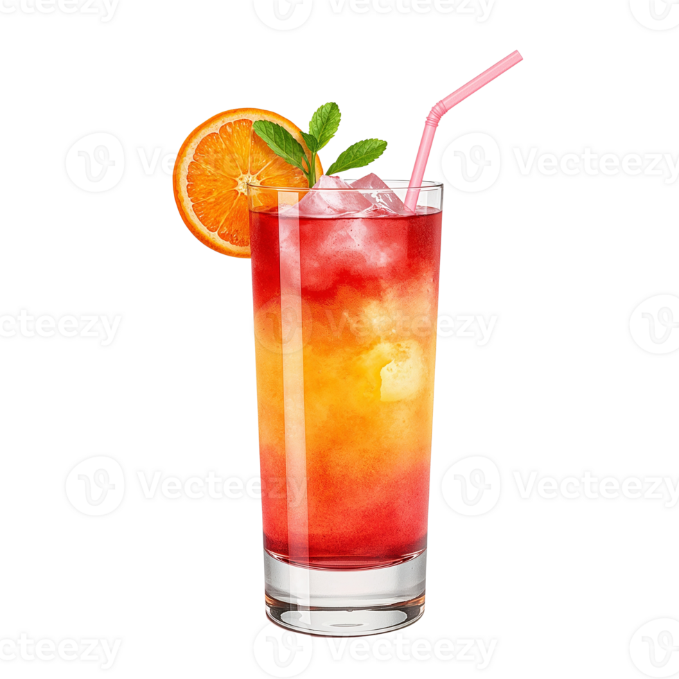 Vibrant layers of a sunset cocktail with orange slice garnish, refreshing drink png