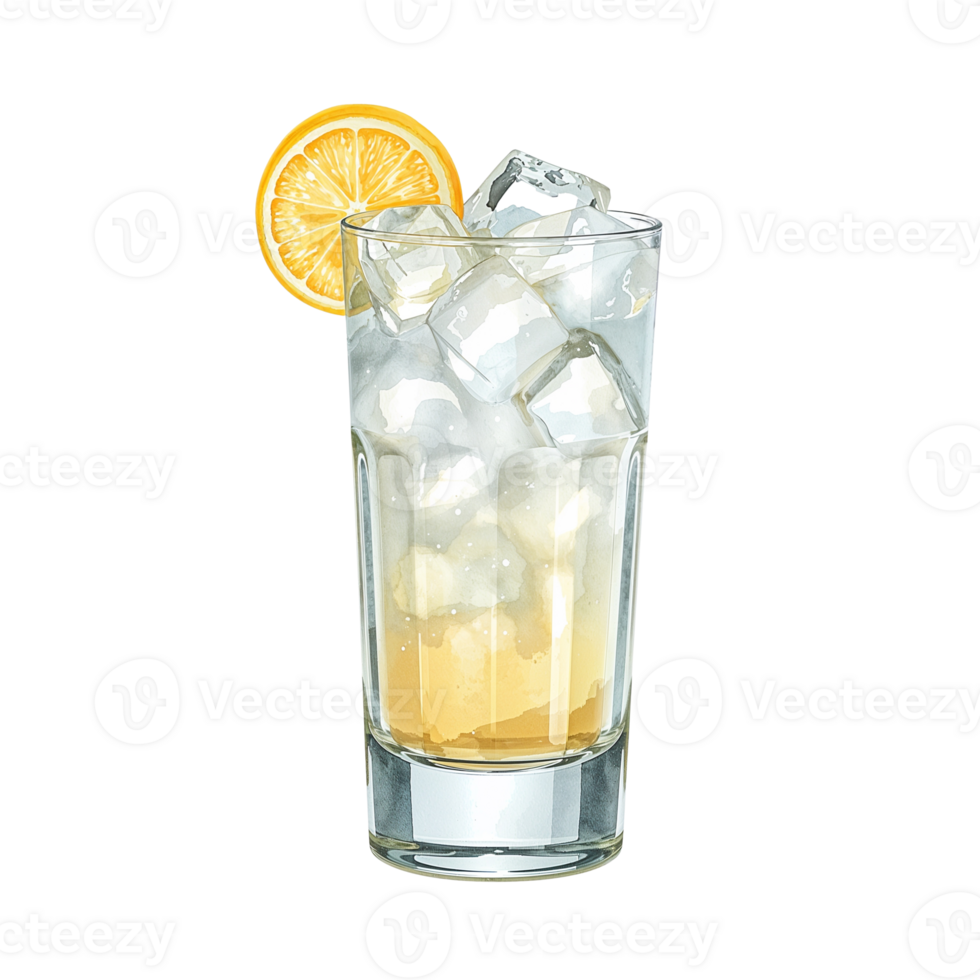 Refreshing tall glass filled with ice cubes, a splash of citrus with a lemon slice accenting it png