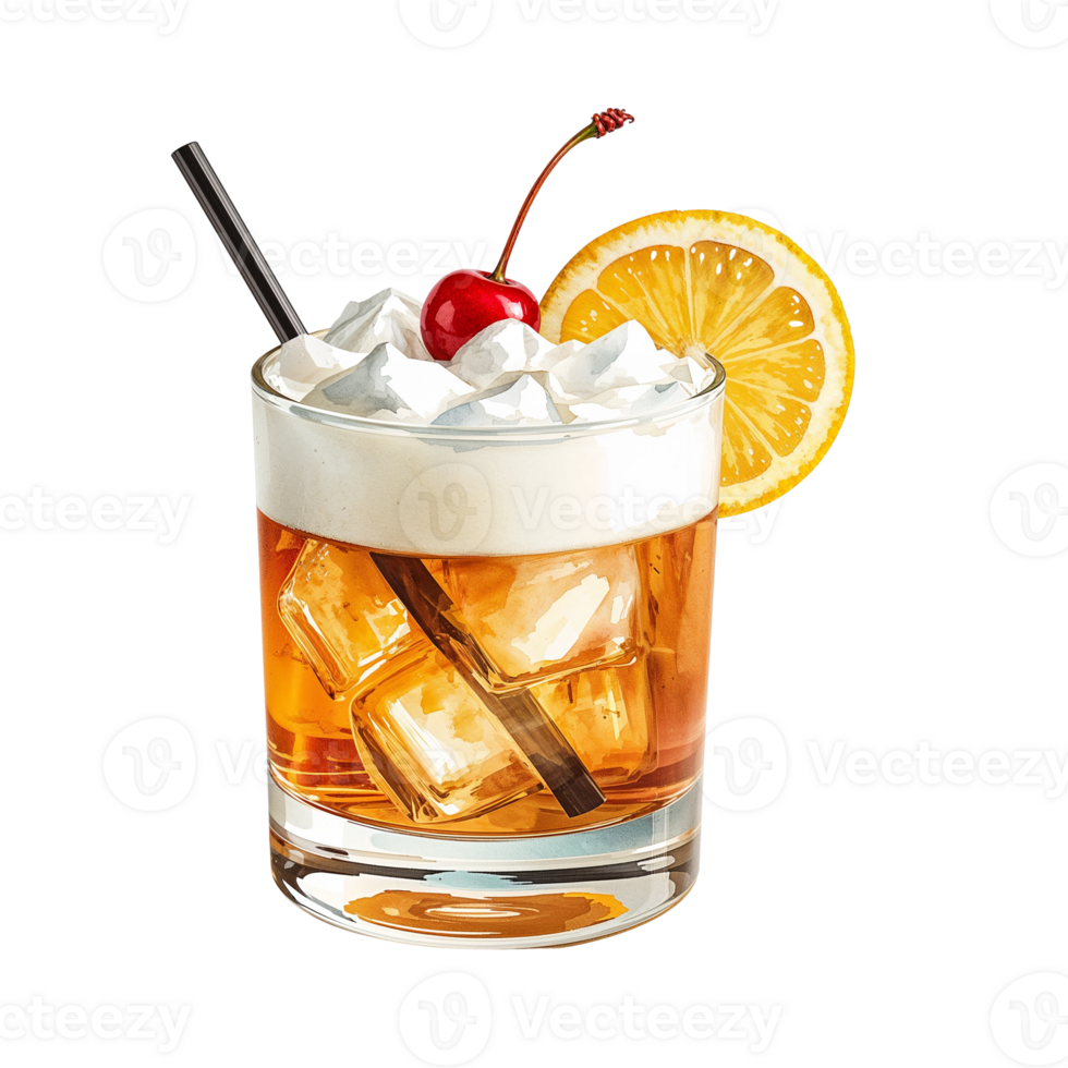 Refreshing whiskey sour cocktail with ice cubes and delightful garnishes on a transparent space png