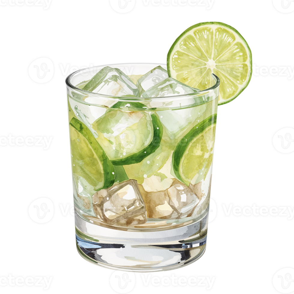 Refreshing watercolor cocktail with ice and lime on an isolated transparent background inviting png