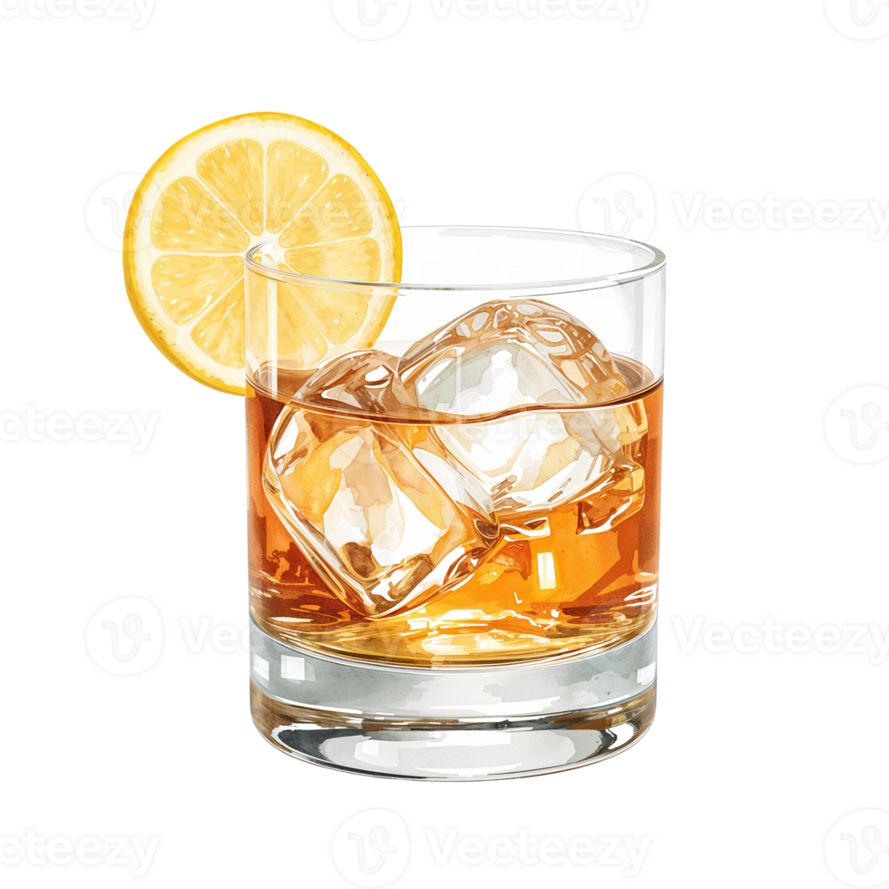 Refreshing Whiskey Cocktail with Ice Cubes and Lemon Slice on Transparent Isolation png