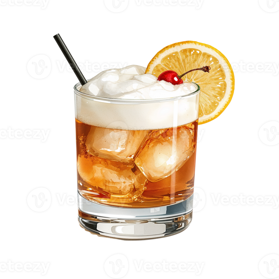Classic whiskey sour cocktail with frothy egg white and lemon slice presentation png