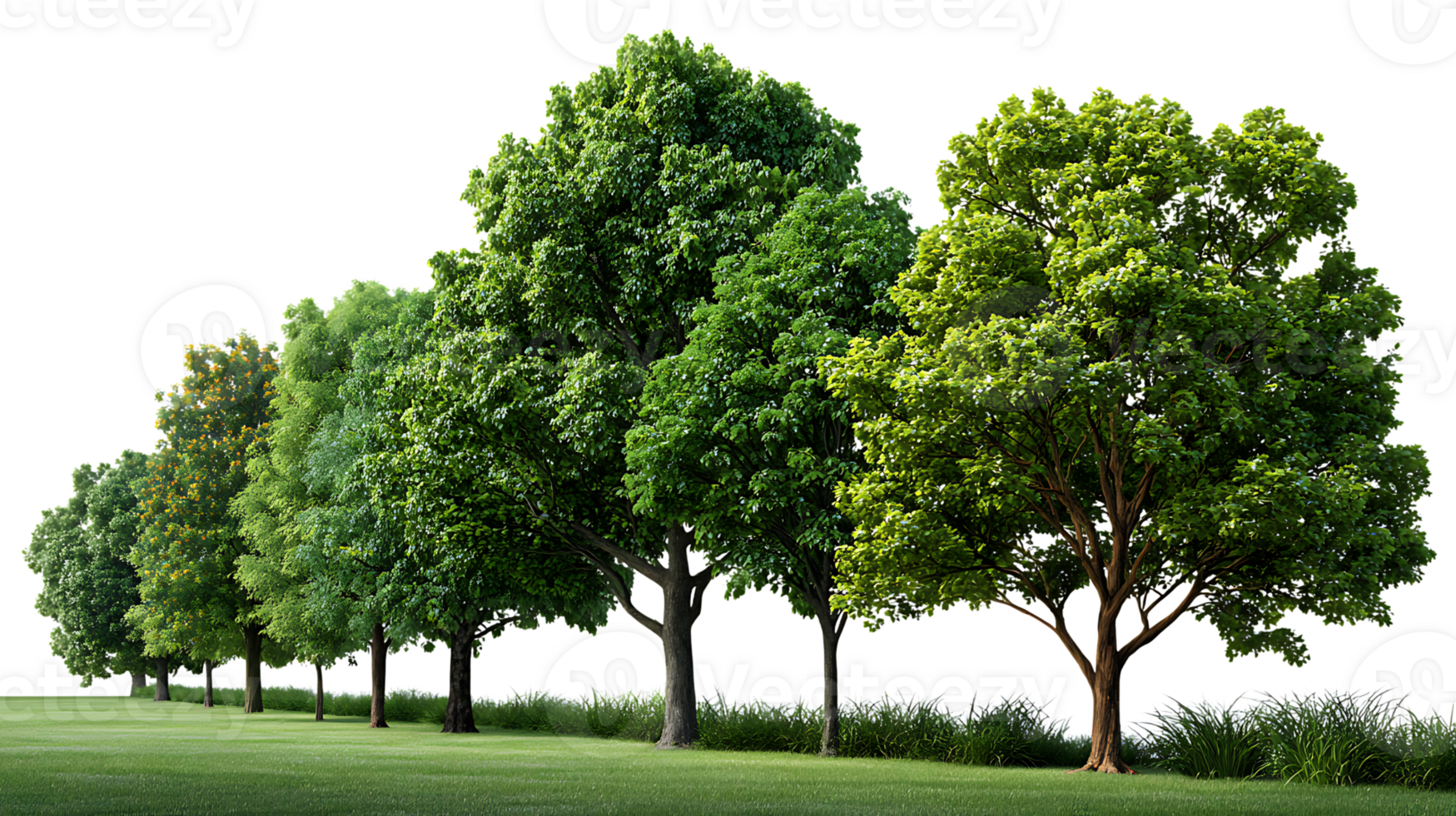Row of lush green trees on transparent background png