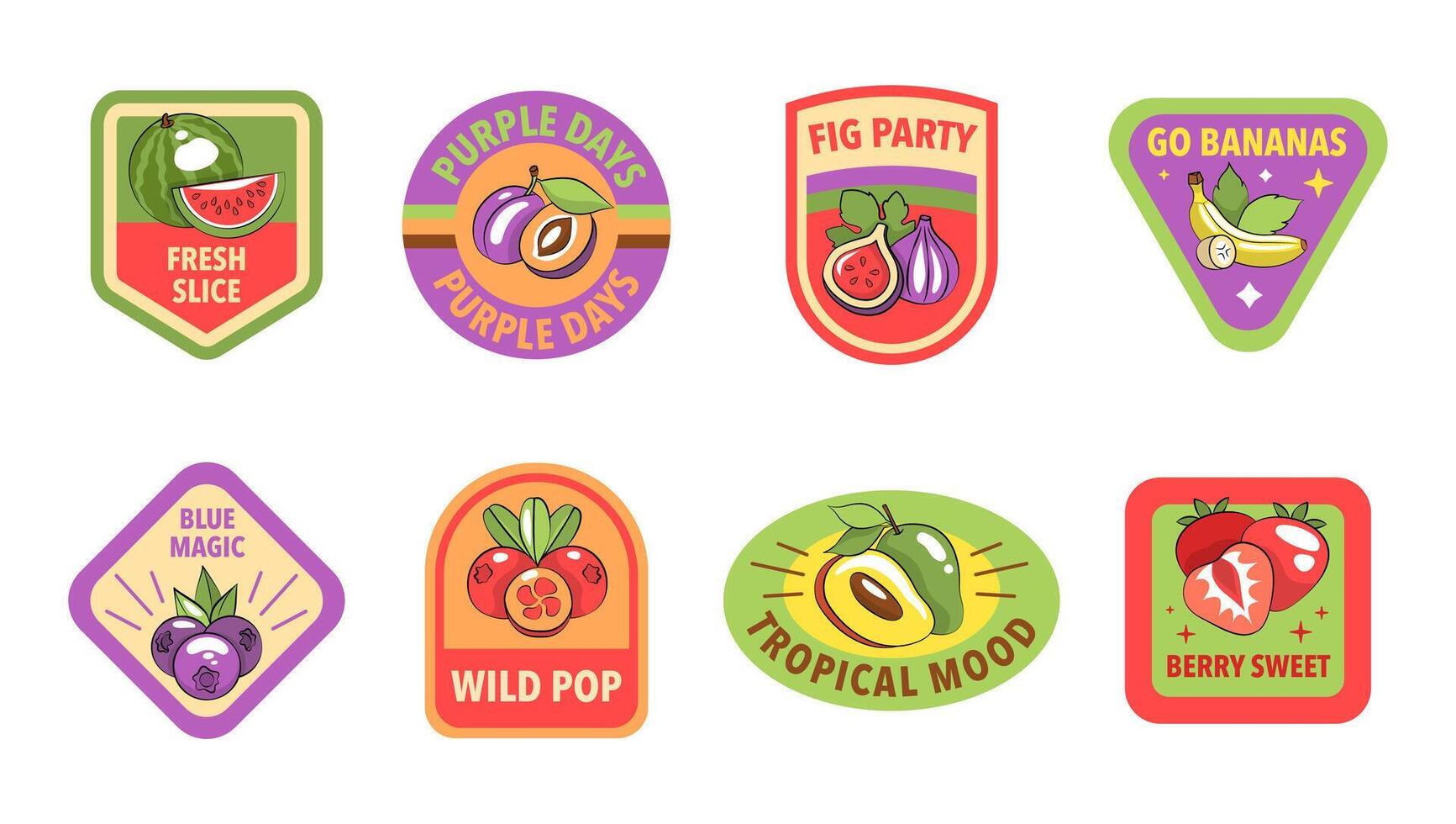 Retro Fruit Stickers with Fun Texts and Icons, Colorful Pop Art Badges for Label Designs vector