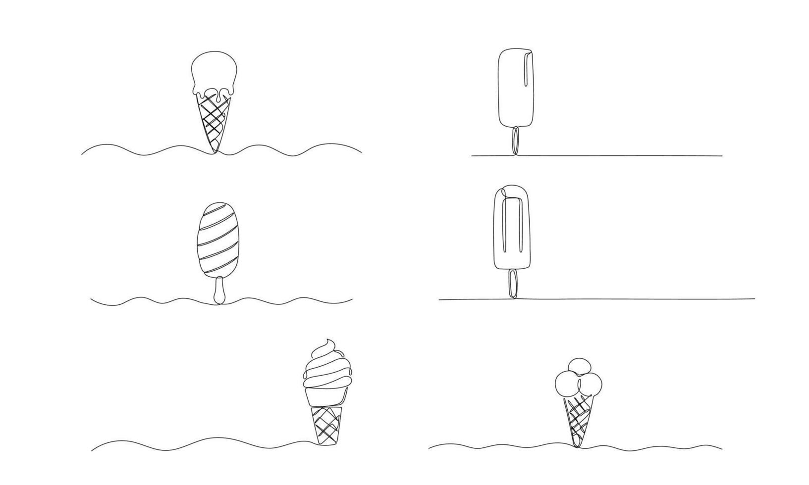 Ice cream one line hand drawn sketch, continuous outline illustrations set vector