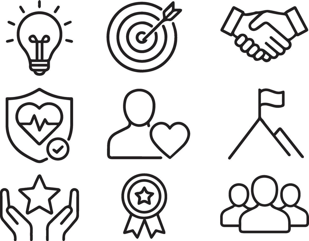 Core Values Line Icons Pack Integrity, Teamwork, Respect, Trust, Innovation, Responsibility, Excellence, Ethics, Leadership Symbols vector