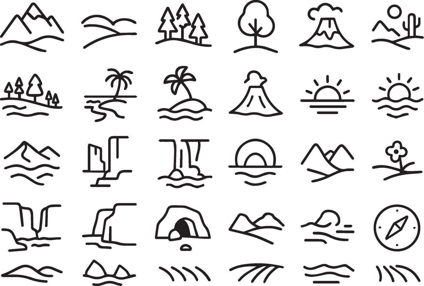 Landscape Line Icons Set Minimal Editable Outline Nature, Terrain, and Scenery Symbols for UI, Maps, and Infographics vector
