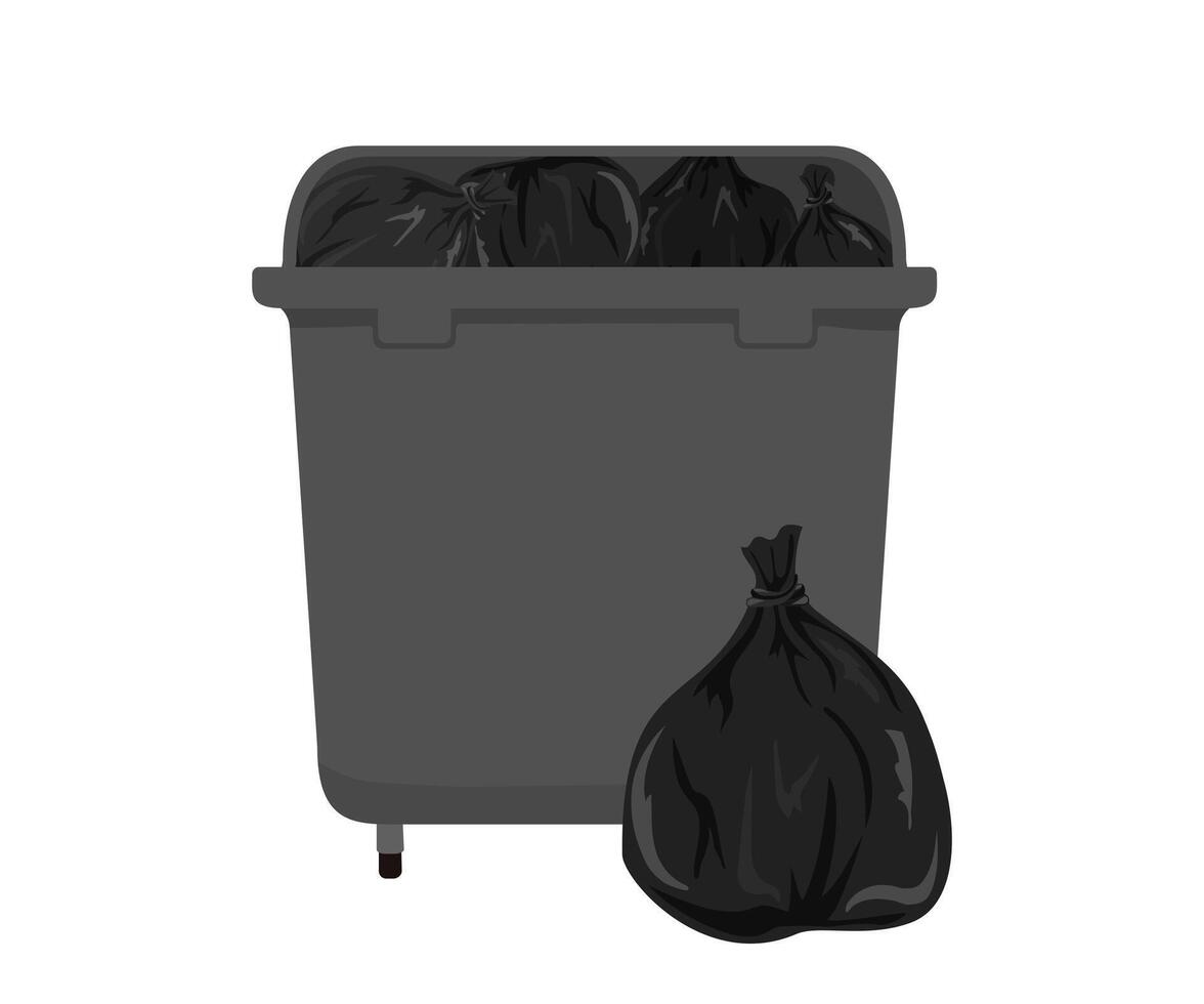 Overflowing garbage bin with black garbage bags and another garbage bag near it, representing overflowing waste and the need for better waste management practices vector