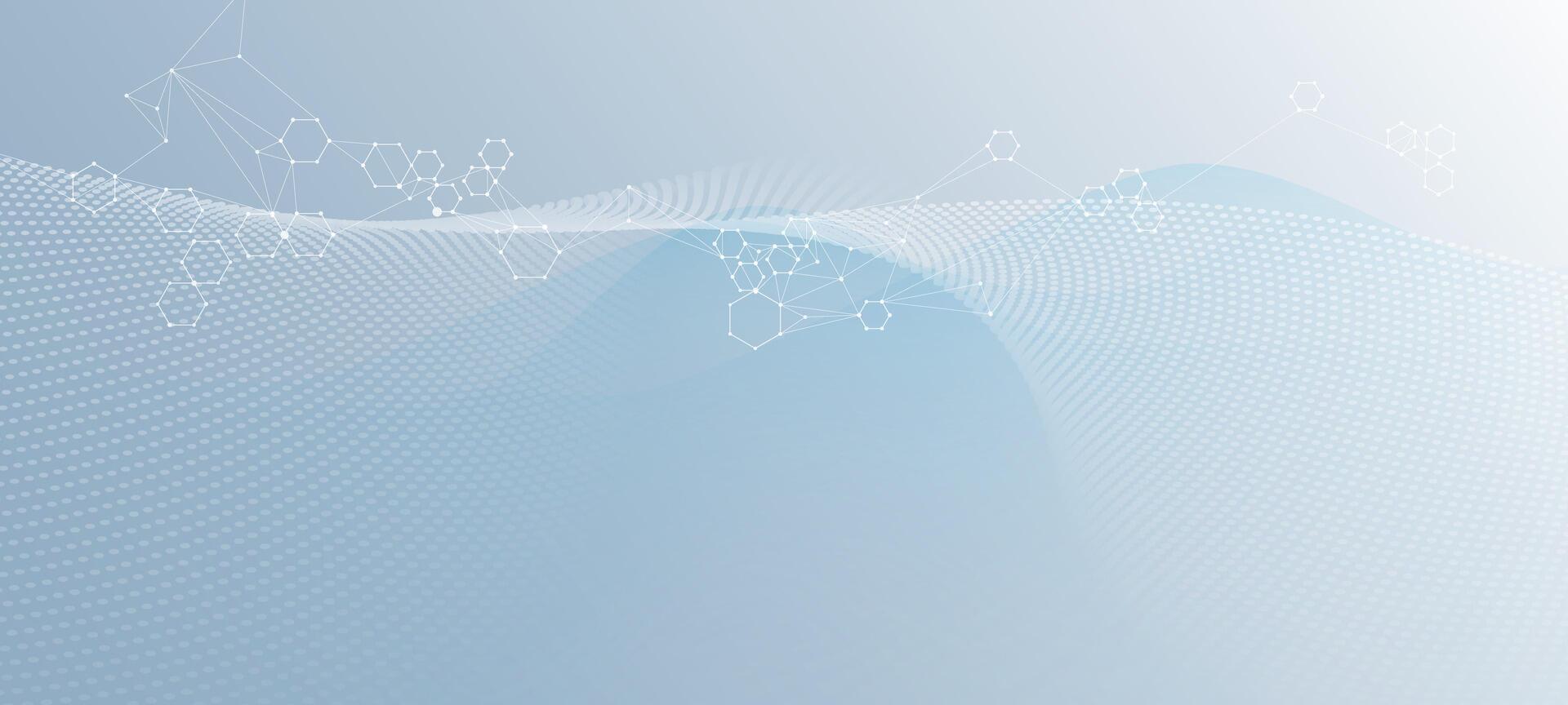 Abstract technology with molecule, geometric shape, Flowing dot particle wave flow line, pattern wave and dot, wireframe on white background. technology network science communication concept vector