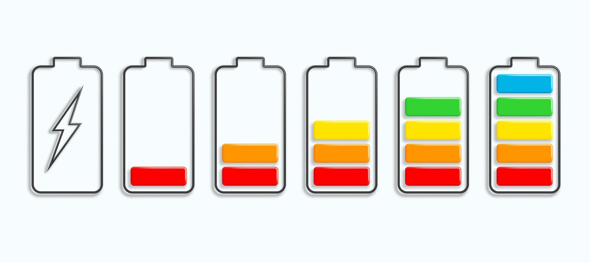 Multicolored icons in the form of a battery charge. Charge indicator in 3D style with shadows. vector
