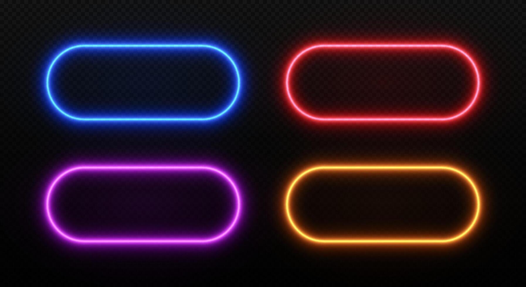 Light of rectangle neon frame. Glow of led rounded border. Set of laser templates isolated on dark transparent background. vector