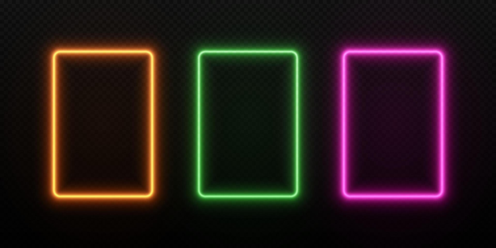 Neon glow rectangle frames. Light laser border of gold, green and pink color. Set led template for design on dark background. vector