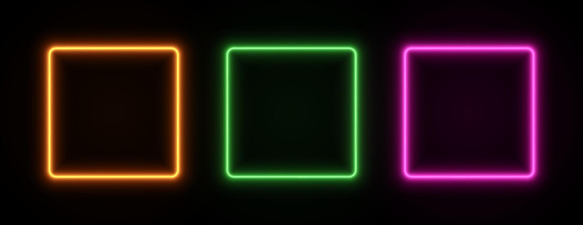 Neon square frame glow. Box border led light. Set of laser fluorescent templates for game design isolated on dark background. vector