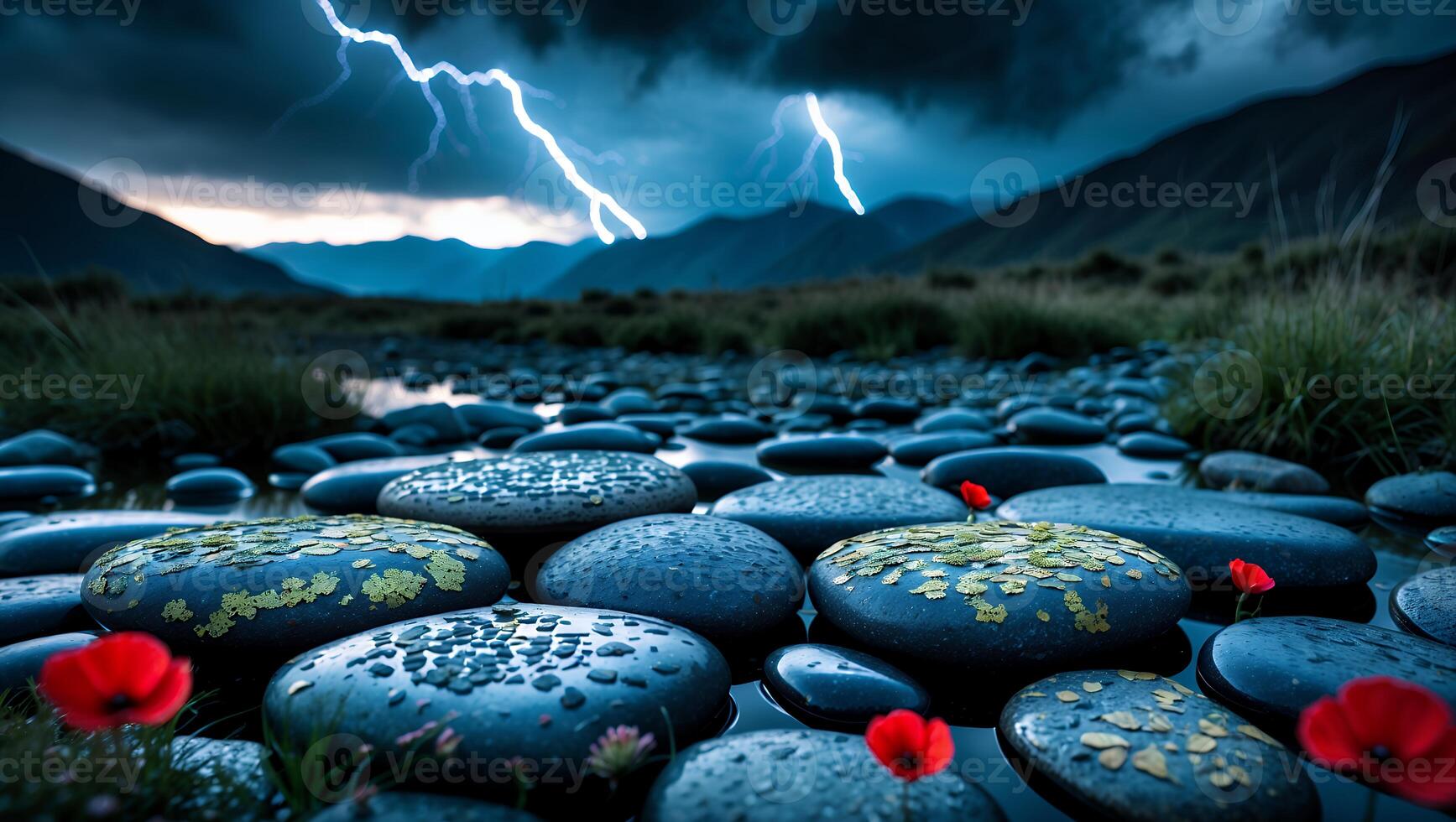 Stones and Poppies in a Stream Under Stormy Sky with Lightning photo