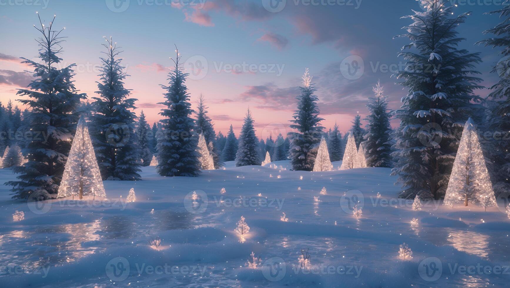 Snowy Pine Tree Forest with Lighted Trees at Twilight Scenery photo