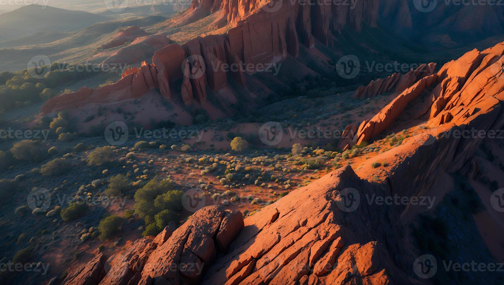 Aerial View of Red Rock Formations in Arid Desert Landscape photo