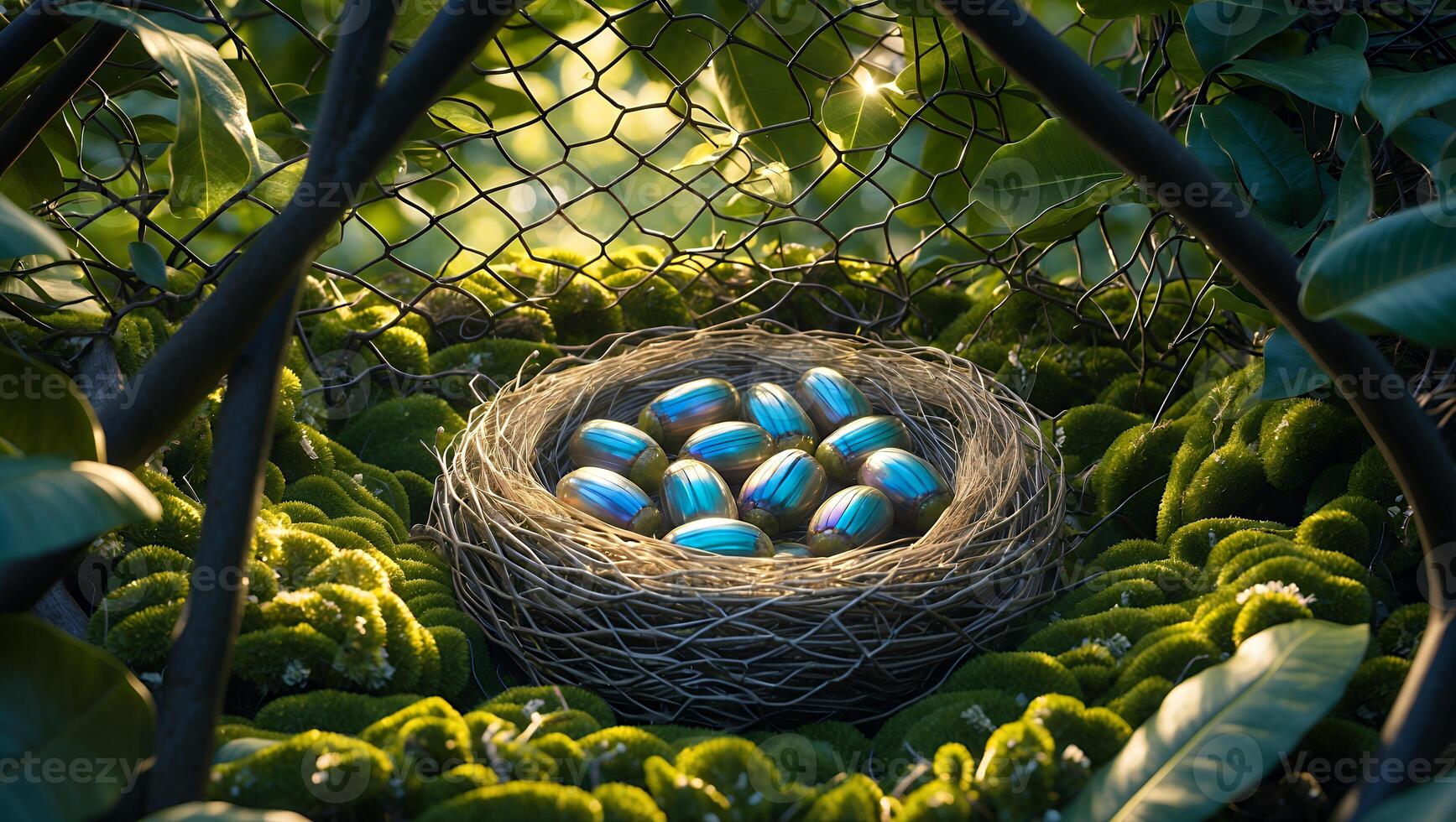 Eggs Resting in a Bird Nest Surrounded by Moss and Foliage photo