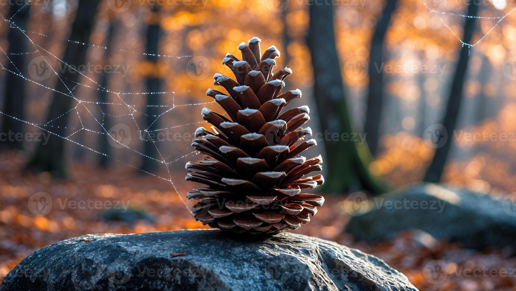 Pine Cone Resting on Rock in Autumn Forest with Web photo