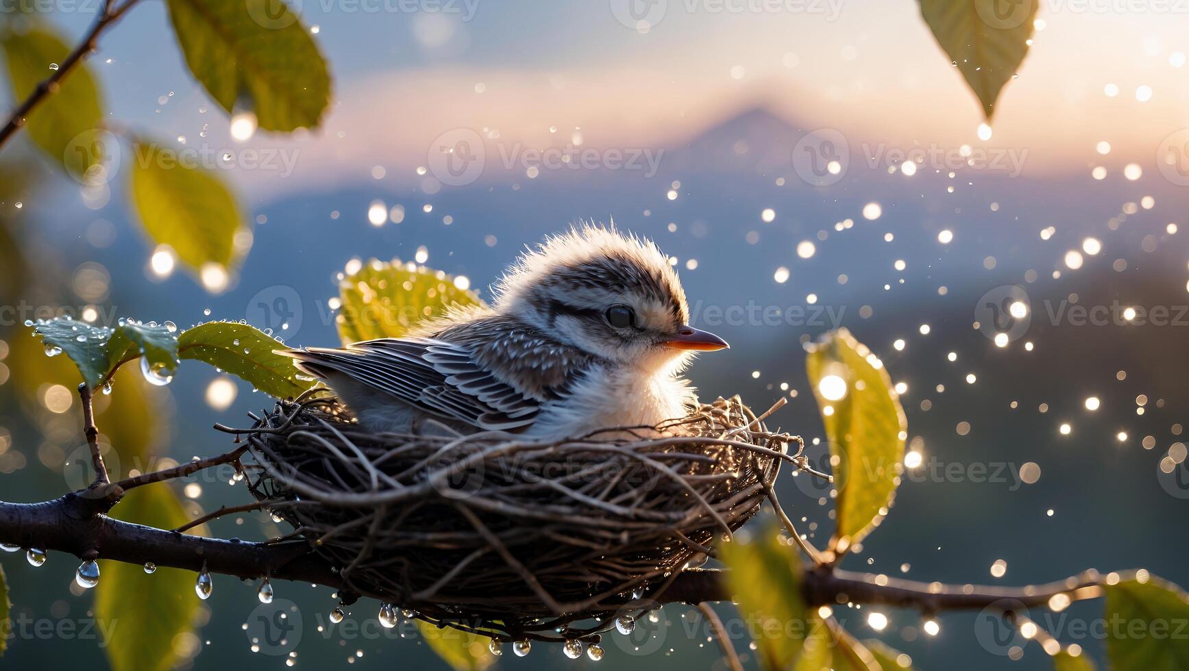 Small Bird Nesting on Branch After Rain, Mountain Backdrop photo