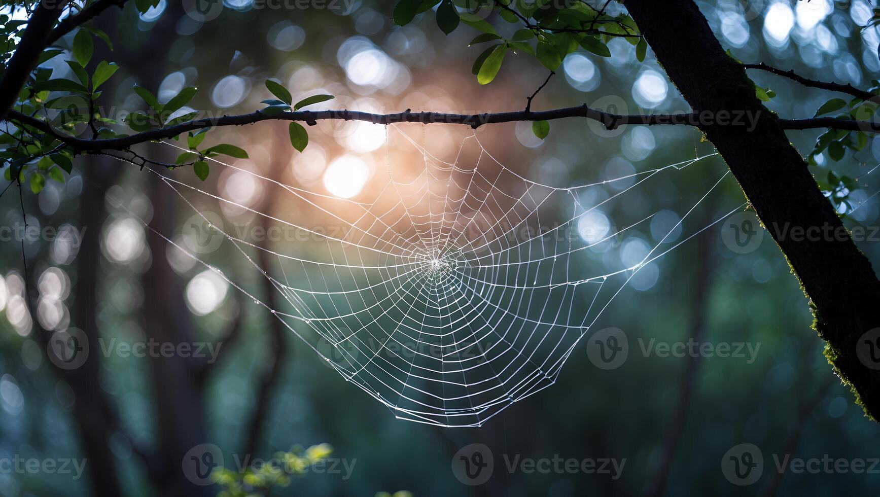 Spiderweb Hanging Between Tree Branches in a Forest with Sunlight photo