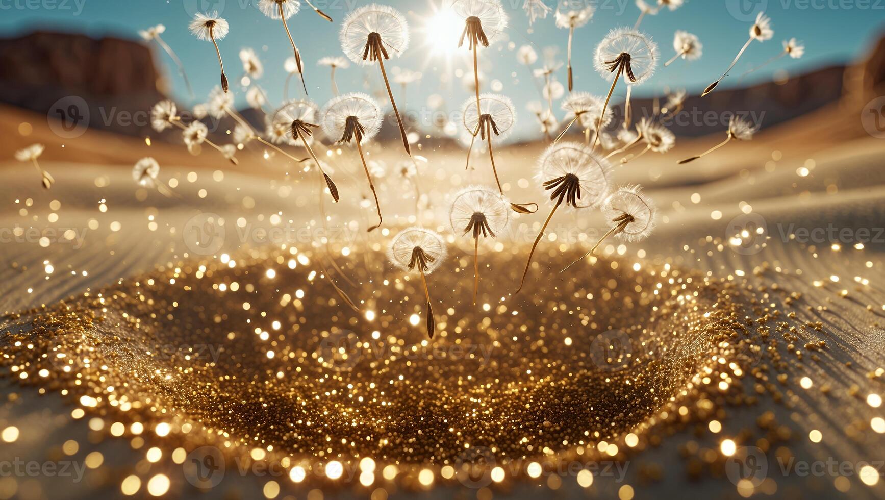 Dandelion Seeds Floating in Desert with Golden Glitter Highlight Effect photo