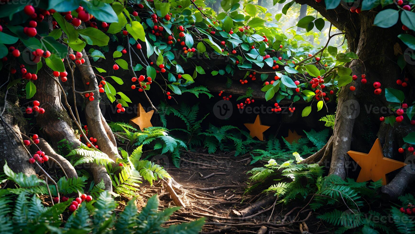 Walking Forest Path with Red Berries and Stars Decoration photo