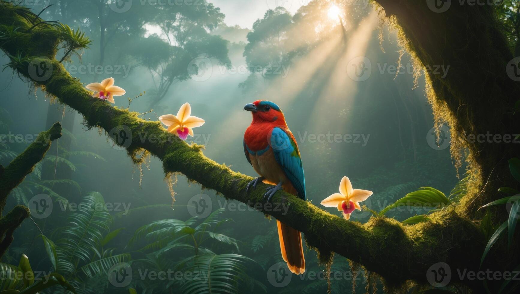 Vibrant bird perched on a mossy branch surrounded by orchids in a misty rainforest with sunlight photo