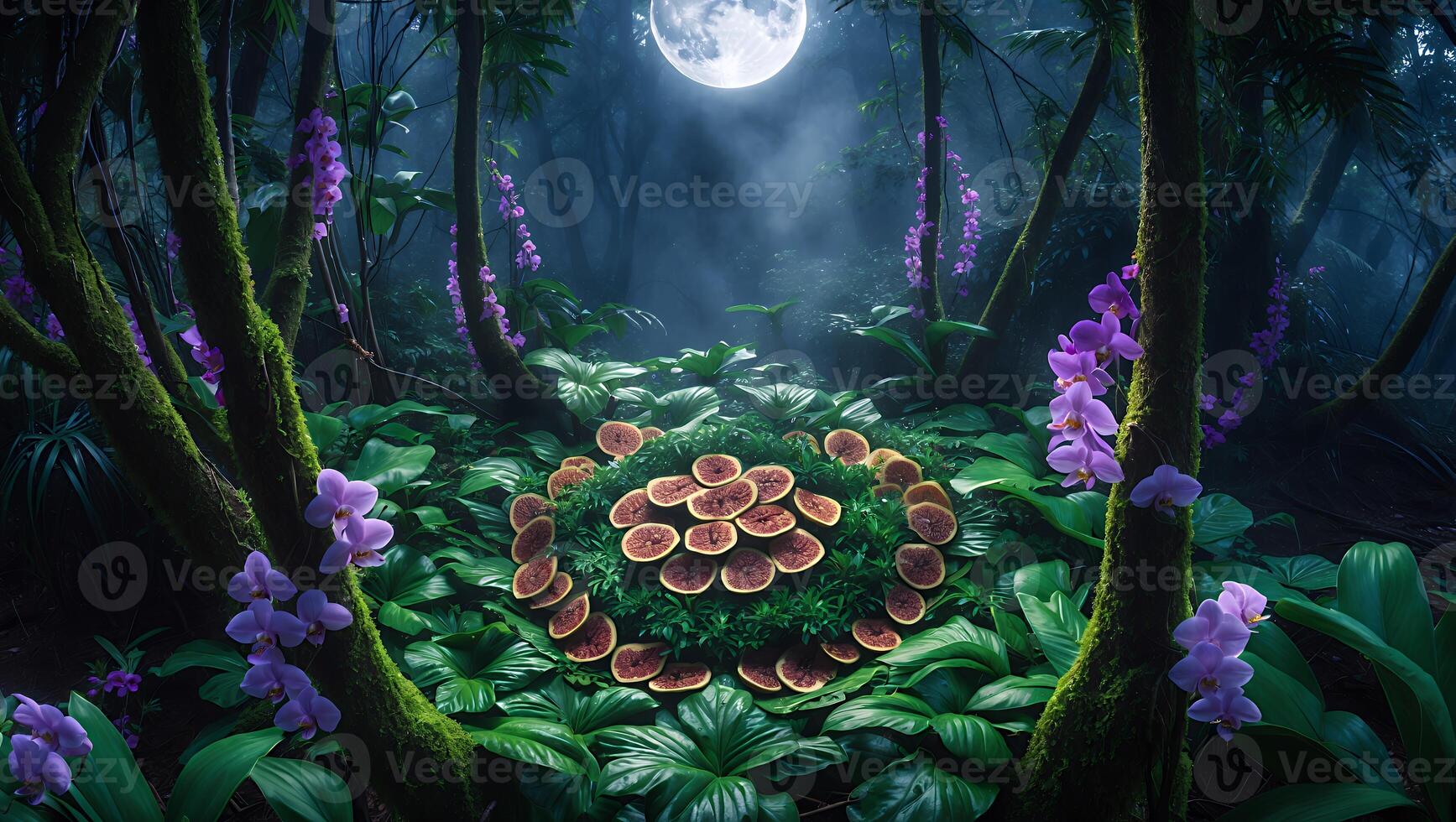 Enchanting Forest Scene with Moonlit Glow and Circular Mushroom Display photo